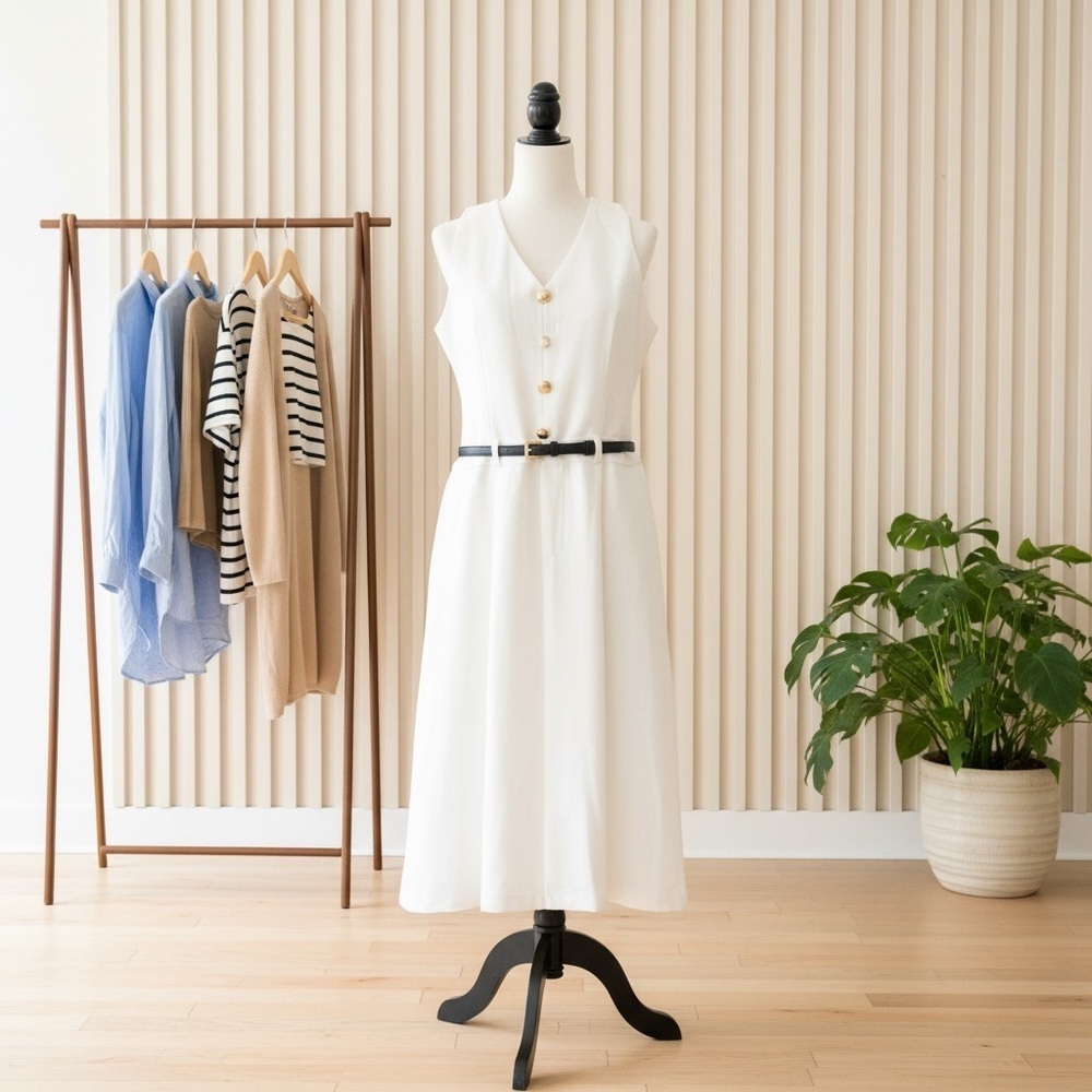 Elegant White Sleeveless Dress with Belt - Picture 3 of 6